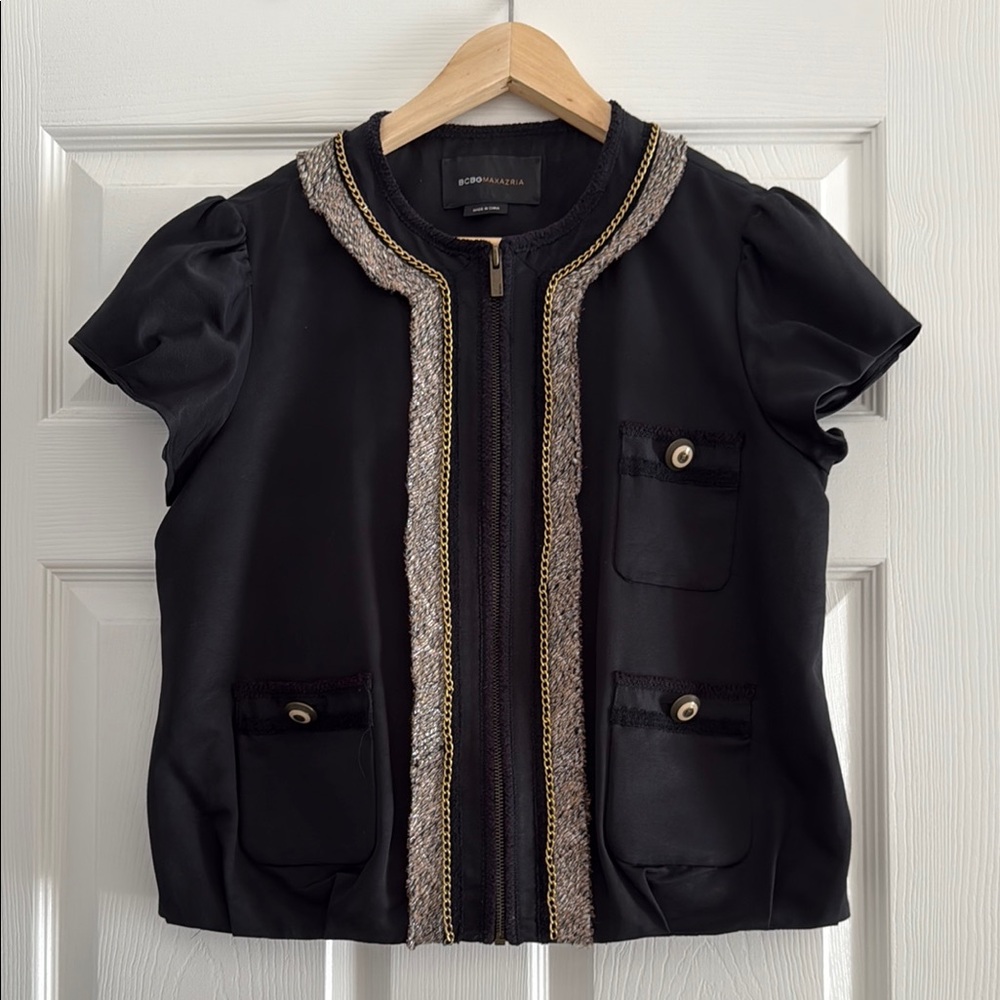 BCBGMaxAzria Black and Gold Cropped Blazer with Collarless Design